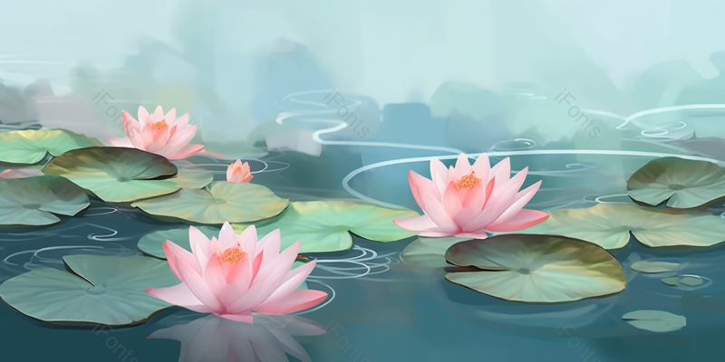 绿色清爽夏天云雾水波缭绕荷花在池塘里绽放中国风背景插画,插画/手绘图,插画/手绘图库,插画/手绘图下载,插画/手绘